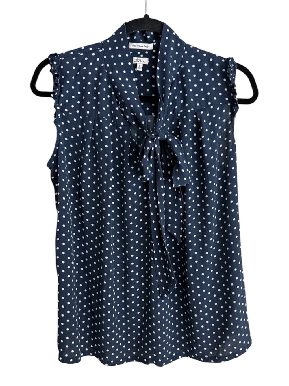 L.L. Bean Sz 8 Navy and White Polka Dot Tie-Neck Sleeveless Blouse